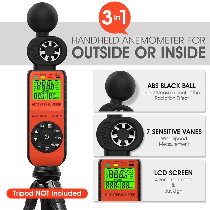 AOPUTTRIVER Heat Stress Meter Anemometer, Wet Bulb Globe Heat Stress Meter LCD Display WBGT Alarms Monitoring for Indoor & Outdoor Use-Temperature Humidity Meter Orange - Image 4